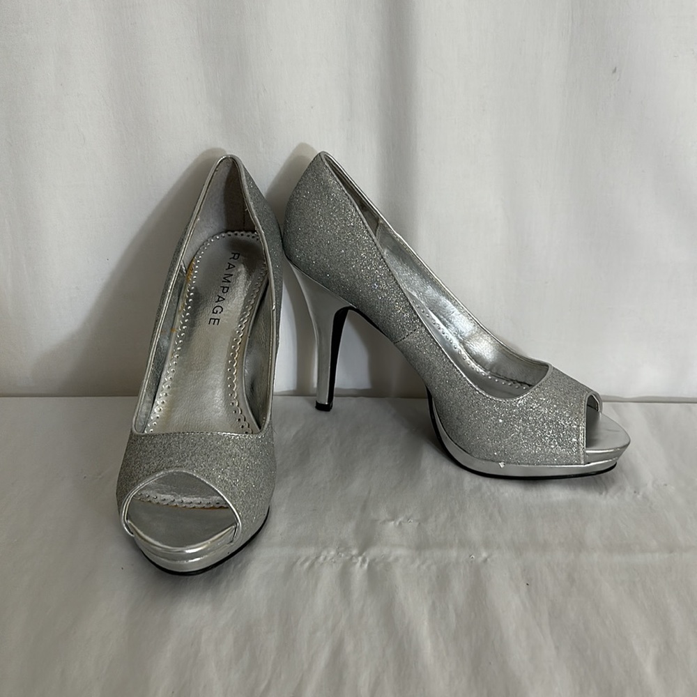 Rampage Silver Sparkle Peep Toe High Heels